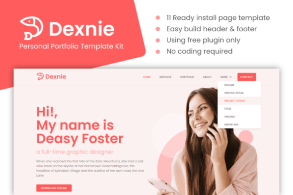 Dexnie - Personal Portfolio Elementor Template Kit