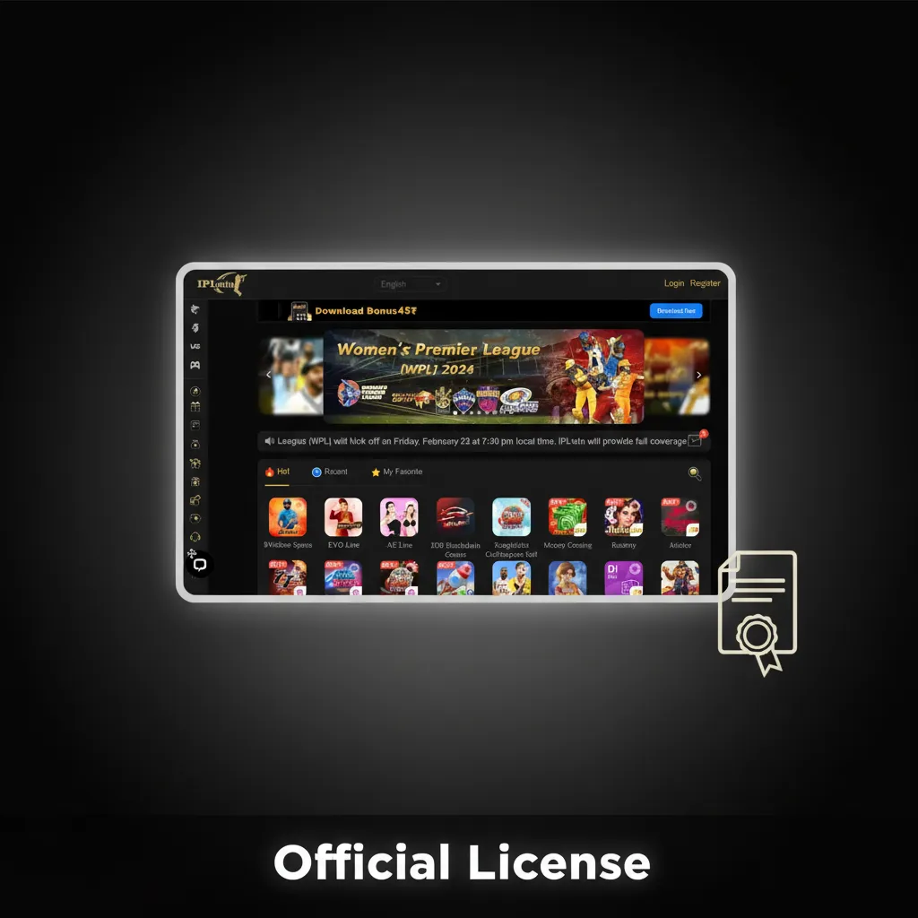 Official license certificate graphic noting international remote gaming license, KYC/AML checks, and legal details in footer.